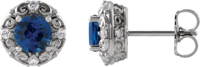 Platinum Lab-Grown Blue Sapphire & Natural Diamond Round 4-Prong Halo-Style Earrings – 4-6mm Stones