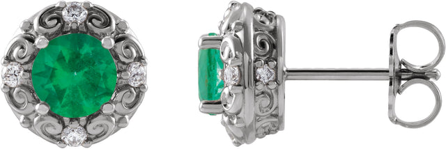 14K Gold Natural Emerald & Natural Diamond Round 4-Prong Halo-Style Earrings - White Gold