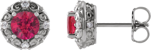 Platinum Natural Ruby & Natural Diamond Round 4-Prong Halo-Style Earrings