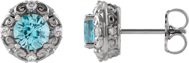 Platinum Natural Blue Zircon & Natural Diamond Round 4-Prong Halo-Style Earrings