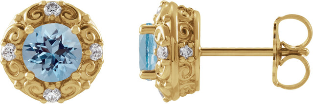 14K Gold Natural Aquamarine & Natural Diamond Round 4-Prong Halo-Style Earrings – 4-6mm Stones - Yellow Gold