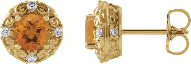 14K Gold Natural Citrine & Natural Diamond Round 4-Prong Halo-Style Earrings – 4-6mm Stones - Yellow Gold