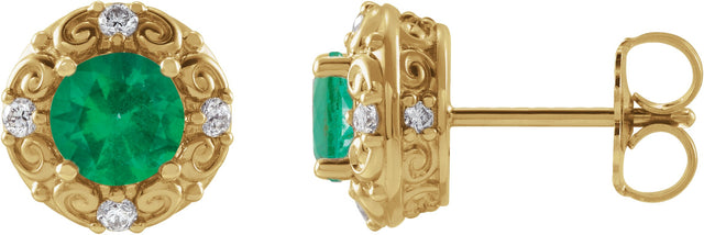 14K Gold Natural Emerald & Natural Diamond Round 4-Prong Halo-Style Earrings - Yellow Gold