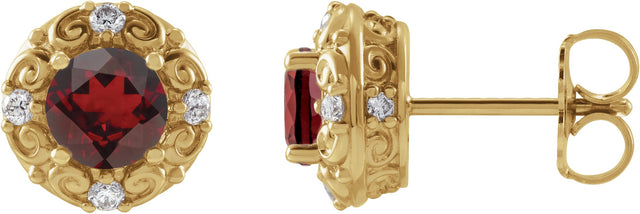 14K Gold Natural Mozambique Garnet & Natural Diamond Round 4-Prong Halo-Style Earrings – 4-6mm Stones - Yellow Gold