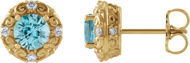 14K Gold Natural Blue Zircon & Natural Diamond Round 4-Prong Halo-Style Earrings - Yellow Gold
