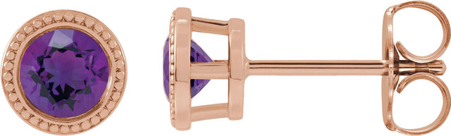 14K Gold Natural Amethyst Round Bezel-Set Stud Earrings - Rose Gold