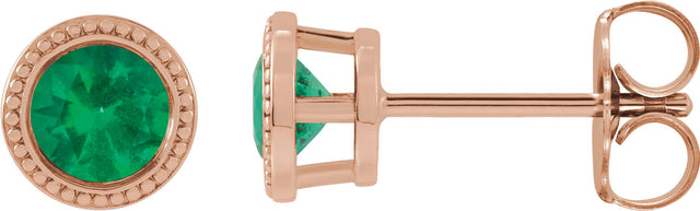 14K Gold Lab-Grown Emerald Round Bezel-Set Stud Earrings - Rose Gold