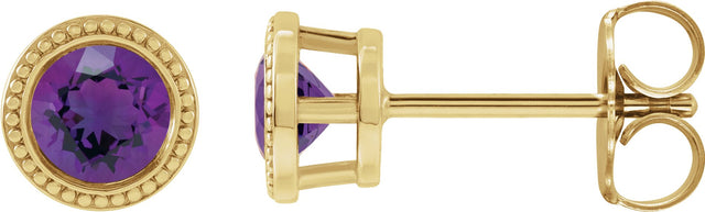 14K Gold Natural Amethyst Round Bezel-Set Stud Earrings - Yellow Gold