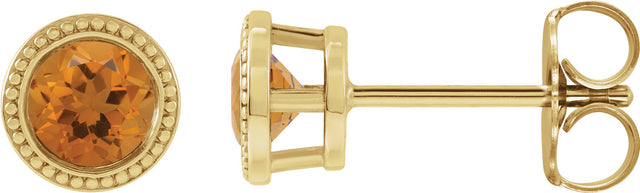 14K Gold Natural Citrine Round Bezel-Set Stud Earrings - Yellow Gold
