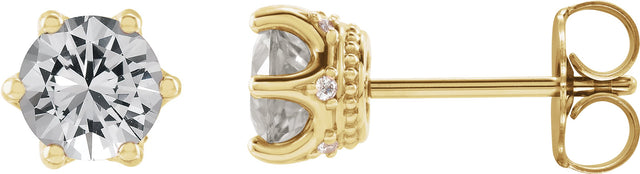 14K Gold Natural White Sapphire & Natural Diamond Round 6-Prong Accented Crown Stud Earrings - Yellow Gold
