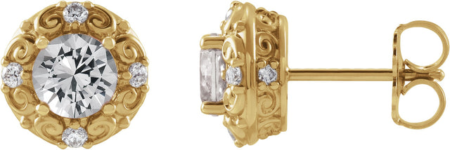 14K Gold Natural White Sapphire & Natural Diamond Round 4-Prong Halo-Style Earrings - Yellow Gold