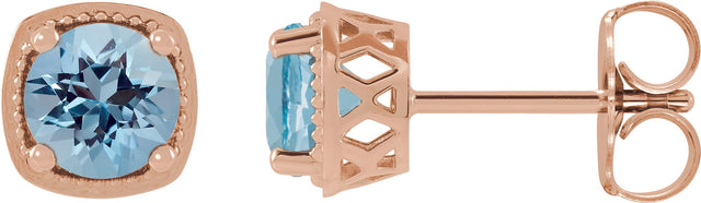 14K Gold Natural Aquamarine Round 4-Prong Earrings - Rose Gold
