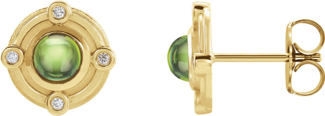 14K Gold Round Natural Peridot & Natural Diamond Accented Cabochon Earrings - Yellow Gold