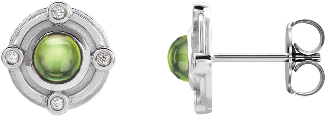 14K Gold Round Natural Peridot & Natural Diamond Accented Cabochon Earrings - White Gold