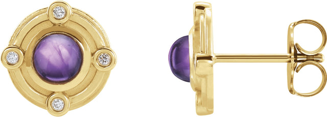 14K Gold Round Natural Amethyst & Natural Diamond Accented Cabochon Earrings - Yellow Gold