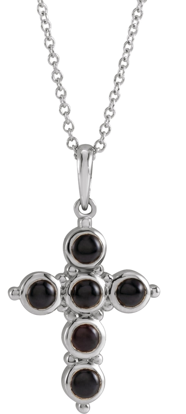14K Gold Round Natural Black Onyx Cabochon Cross Necklace or Pendant - White Gold