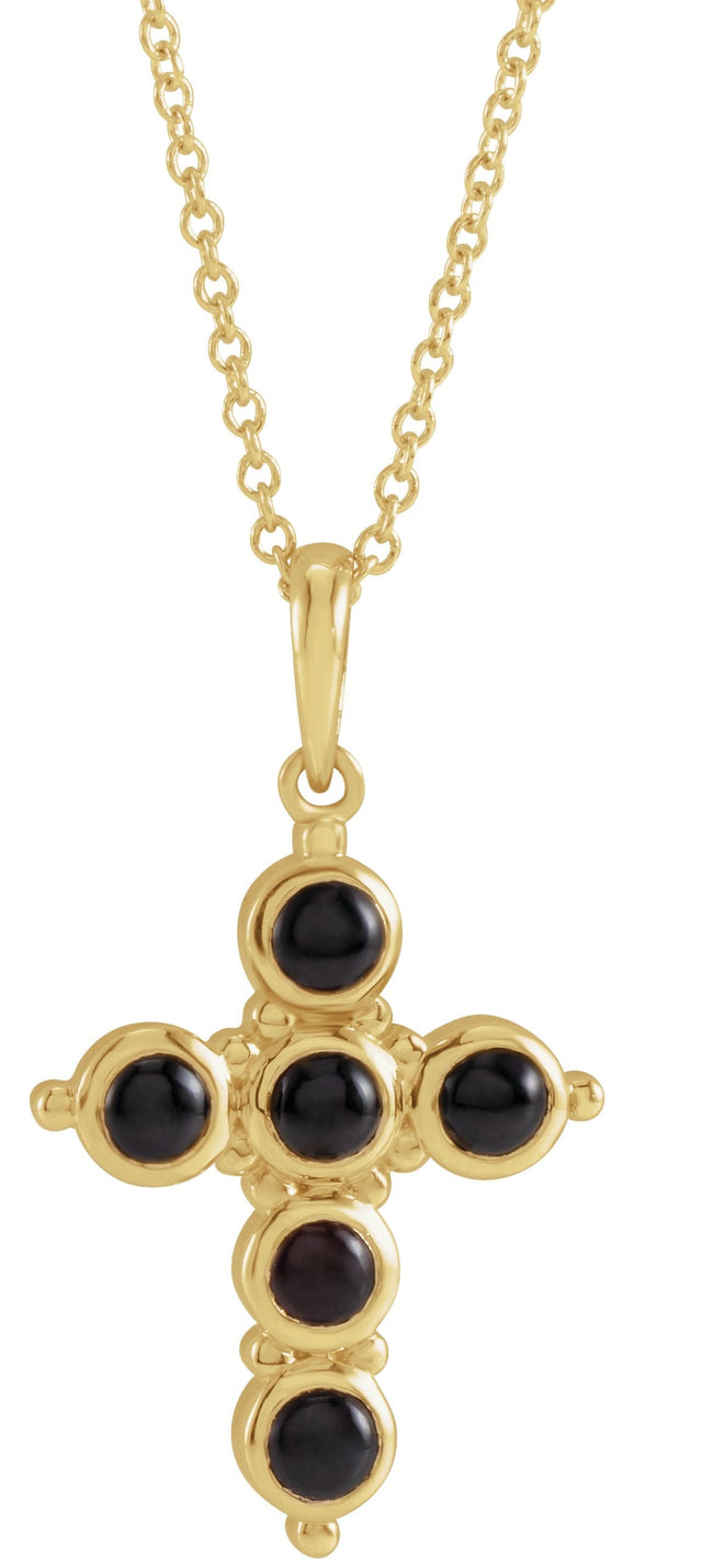 14K Gold Round Natural Black Onyx Cabochon Cross Necklace or Pendant - Yellow Gold
