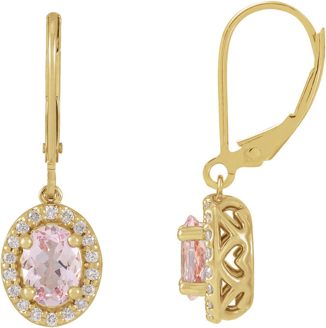 14K Gold Oval Natural Pink Morganite & Natural Diamond Halo-Style Earrings III - Yellow Gold
