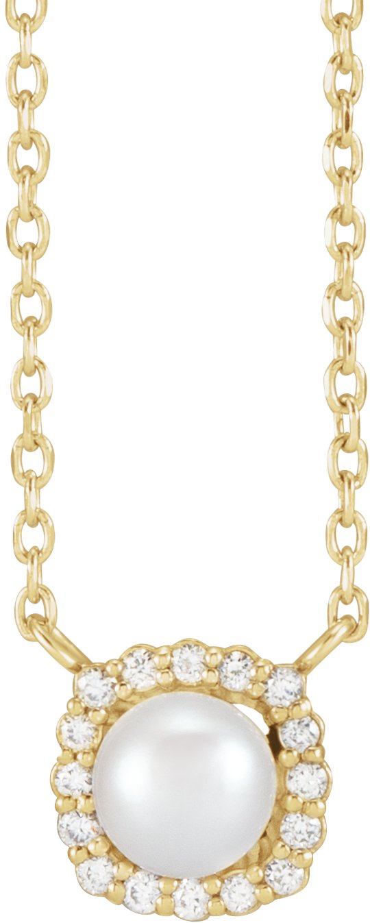14K Gold Cultured White Akoya Pearl & Natural Diamond Halo-Style Pearl Necklace - Yellow Gold