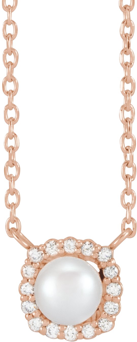 14K Gold Cultured White Akoya Pearl & Natural Diamond Halo-Style Pearl Necklace - Rose Gold