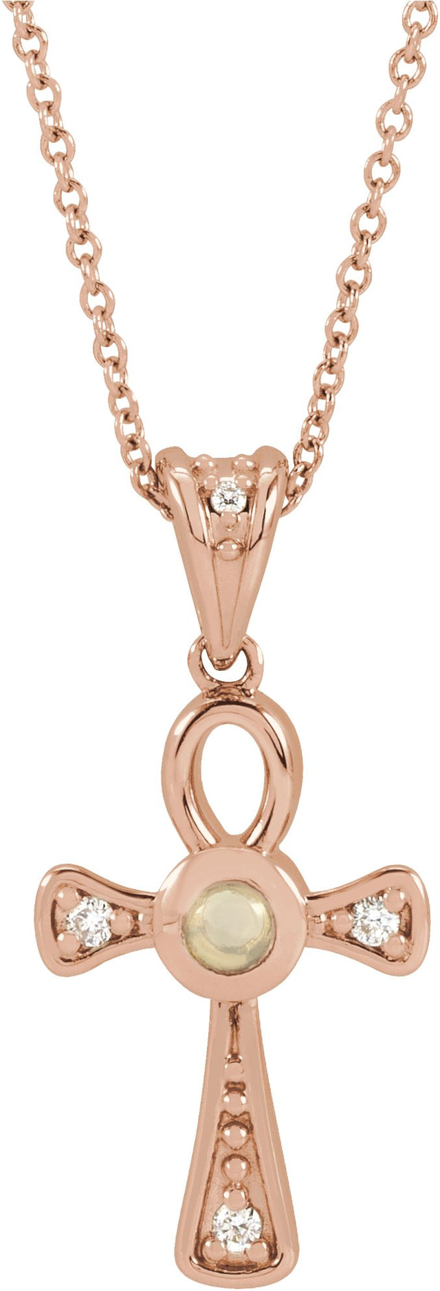 14K Gold Round Natural White Opal & Natural Diamond Cabochon Ankh Cross Necklace or Pendant - Rose Gold