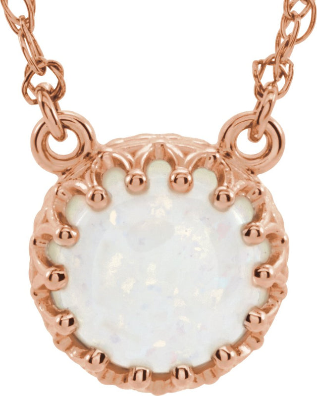 14K Gold Round Natural White Opal Cabochon Crown Necklace - Rose Gold