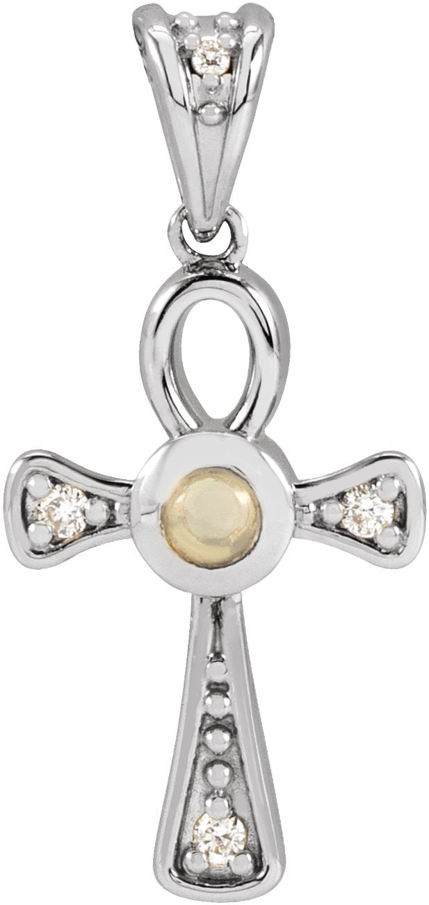 14K Gold Round Natural White Opal & Natural Diamond Cabochon Ankh Cross Necklace or Pendant - White Gold