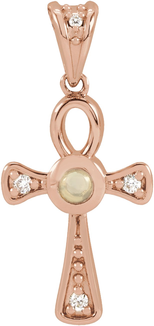 14K Gold Round Natural White Opal & Natural Diamond Cabochon Ankh Cross Necklace or Pendant - Rose Gold