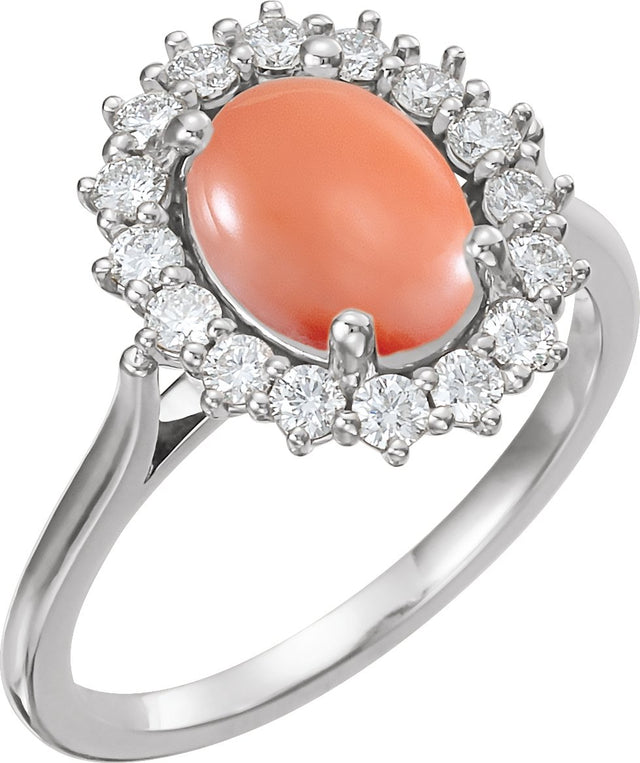 14K Gold Oval Natural Pink Coral & Natural Diamond Halo-Style Cabochon Ring - White Gold