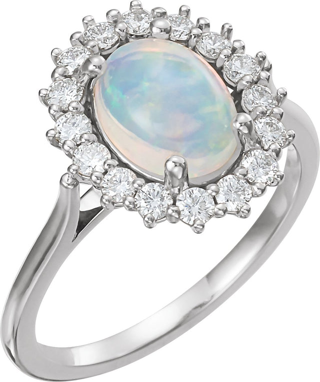 Platinum Oval Natural White Ethiopian Opal & Natural Diamond Halo-Style Cabochon Ring