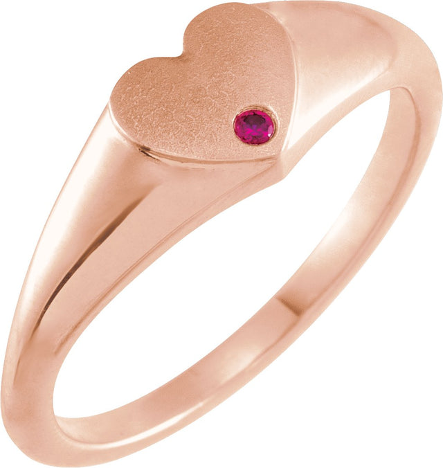 14K Gold Round Natural Ruby Heart Signet Ring - Rose Gold