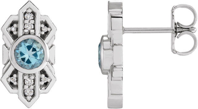 14K Gold Round Natural Aquamarine & Natural Diamond Art Deco Earrings - White Gold