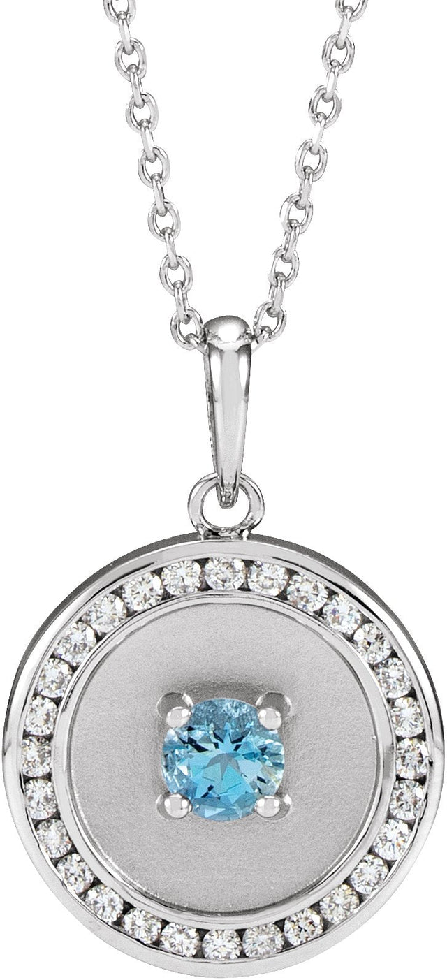 14K Gold Round Natural Aquamarine & Natural Diamond Accented Disc Necklace or Pendant - White Gold