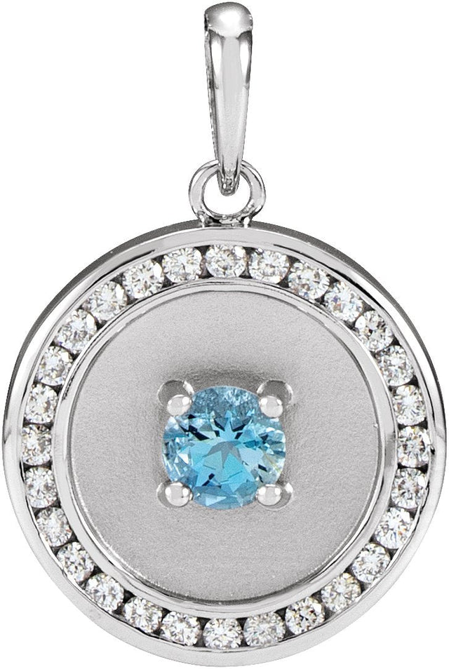Platinum Round Natural Aquamarine & Natural Diamond Accented Disc Necklace or Pendant