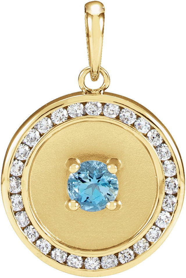 14K Gold Round Natural Aquamarine & Natural Diamond Accented Disc Necklace or Pendant - Yellow Gold