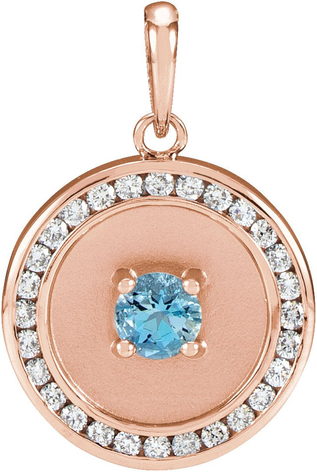 14K Gold Round Natural Aquamarine & Natural Diamond Accented Disc Necklace or Pendant - Rose Gold