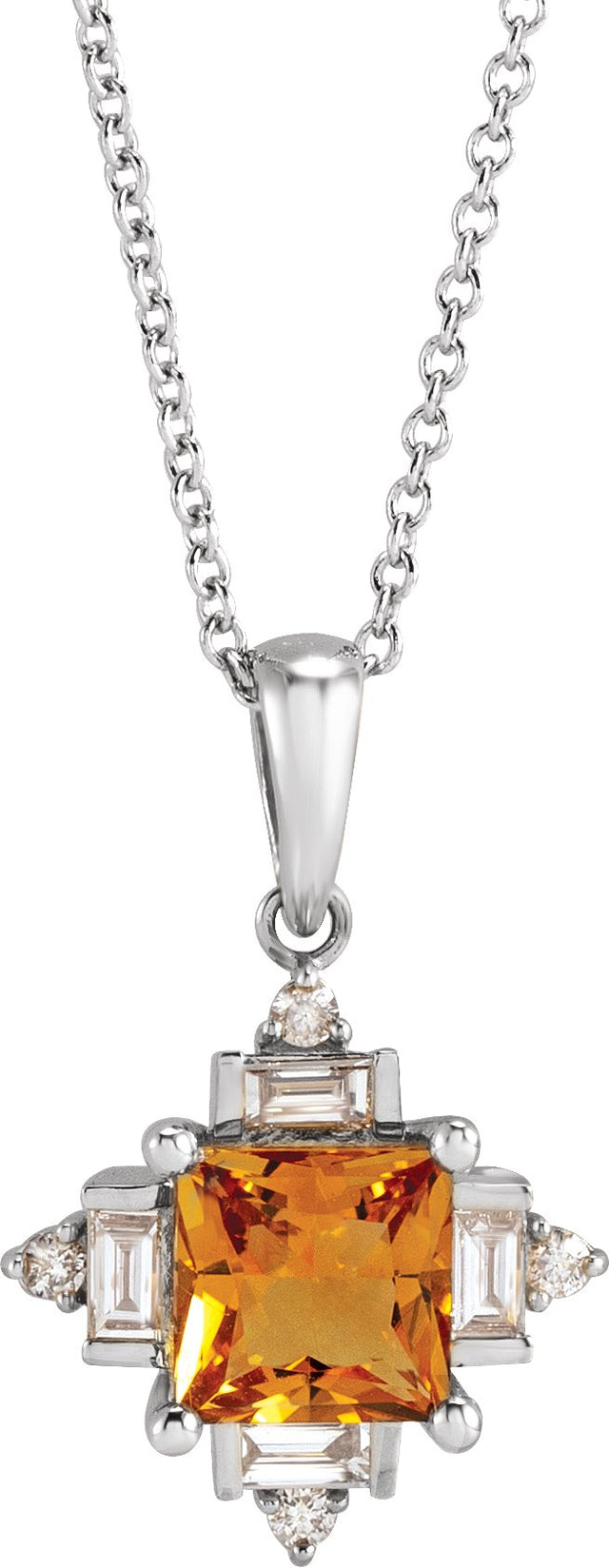 Platinum Square Natural Citrine & Natural Diamond Geometric Necklace or Pendant
