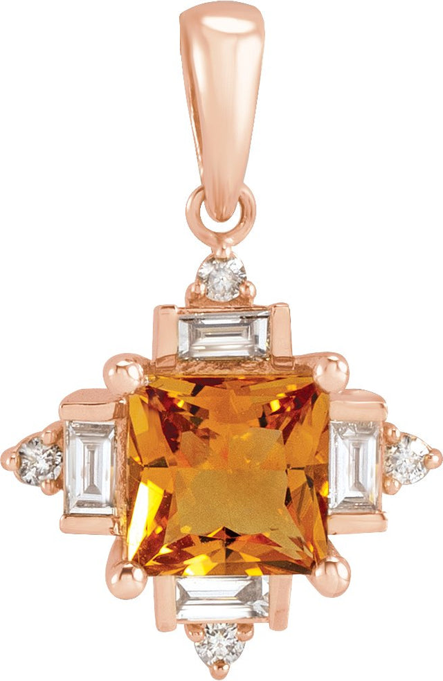 14K Gold Square Natural Citrine & Natural Diamond Geometric Necklace or Pendant - Rose Gold
