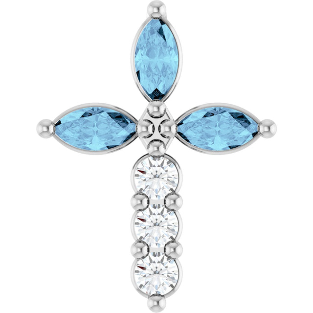 14K Gold Marquise Natural Aquamarine & Natural Diamond Cross Necklace or Pendant - White Gold