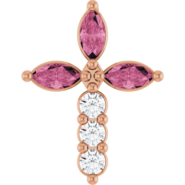 14K Gold Marquise Natural Pink Tourmaline & Natural Diamond Cross Necklace or Pendant - Rose Gold