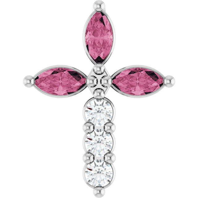 14K Gold Marquise Natural Pink Tourmaline & Natural Diamond Cross Necklace or Pendant - White Gold