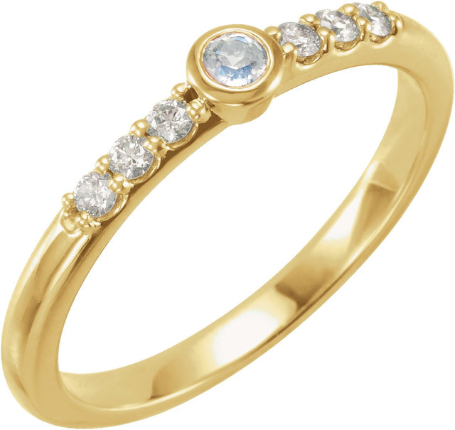 14K Gold Round Natural Blue Sheen Moonstone & Natural Diamond Stackable Bezel-Set Ring - Yellow Gold