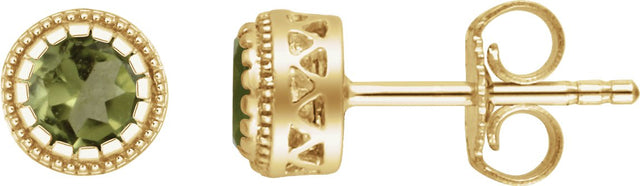 14K Gold Round Natural Peridot Milgrain Bezel-Set Birthstone Stud Earrings - Yellow Gold
