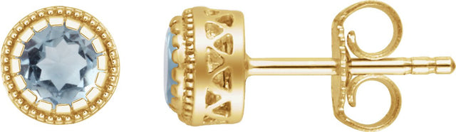 14K Gold Round Natural Aquamarine Milgrain Bezel-Set Birthstone Stud Earrings - Yellow Gold