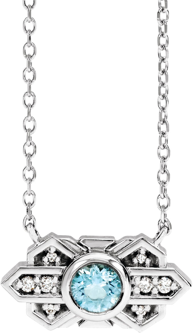 Platinum Round Natural Aquamarine & Natural Diamond Art Deco Necklace