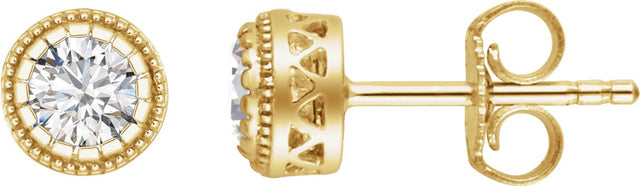 14K Gold Round Natural White Sapphire Milgrain Bezel-Set Birthstone Stud Earrings - Yellow Gold