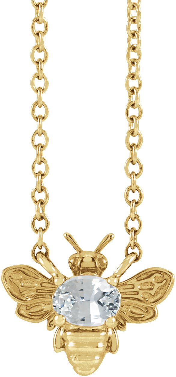 14K Gold Oval Natural White Sapphire Bee Necklace - Yellow Gold