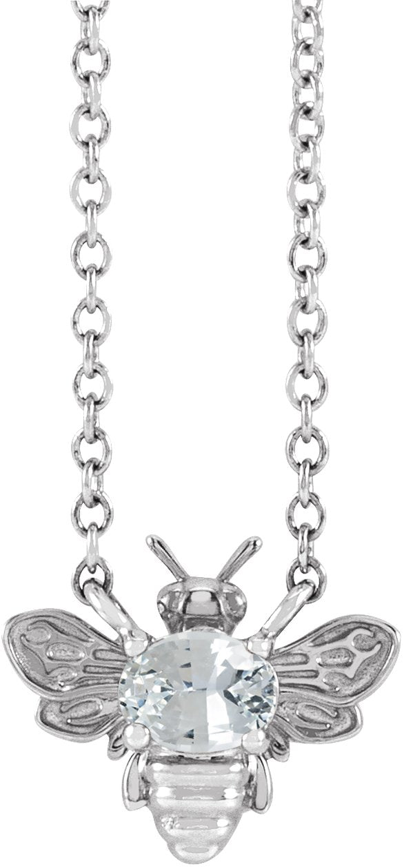 Platinum Oval Natural White Sapphire Bee Necklace