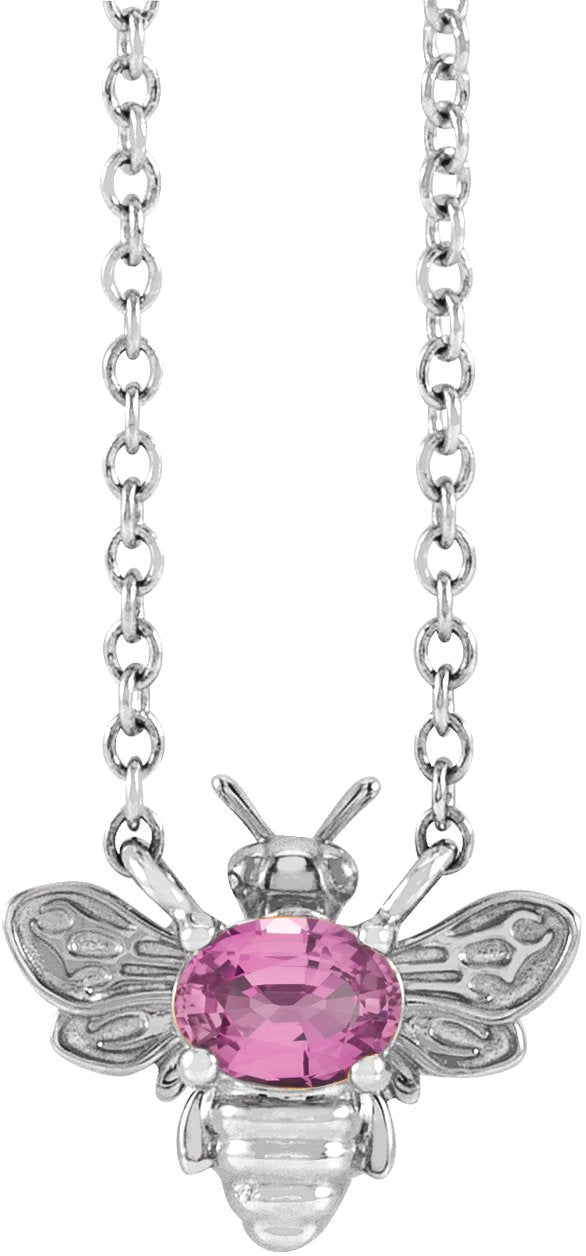 Platinum Oval Natural Pink Sapphire Bee Necklace