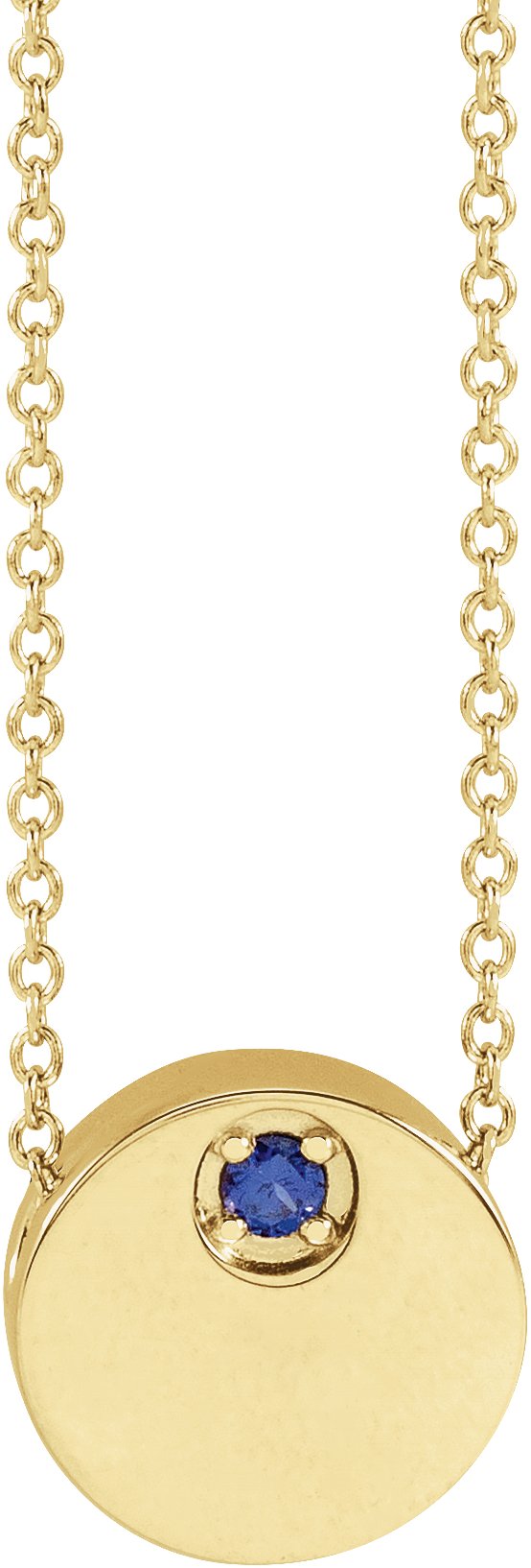 14K Gold Round Lab-Grown Blue Sapphire Engravable Disc Necklace or Slide Pendant - Yellow Gold